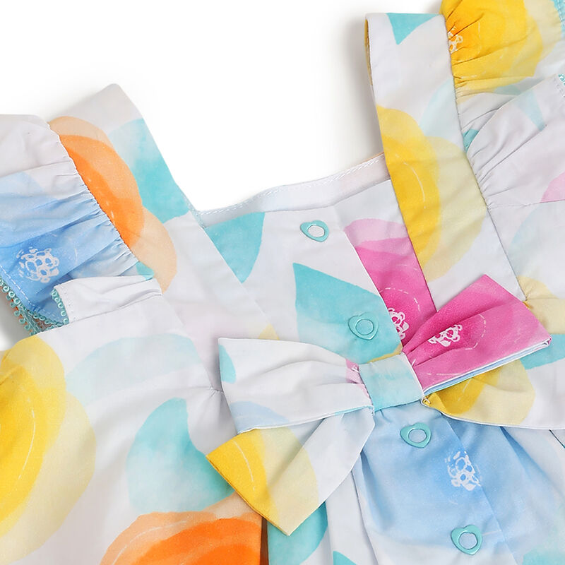 Girls White and Yellow Printed Short Sleeve Dress image number 2